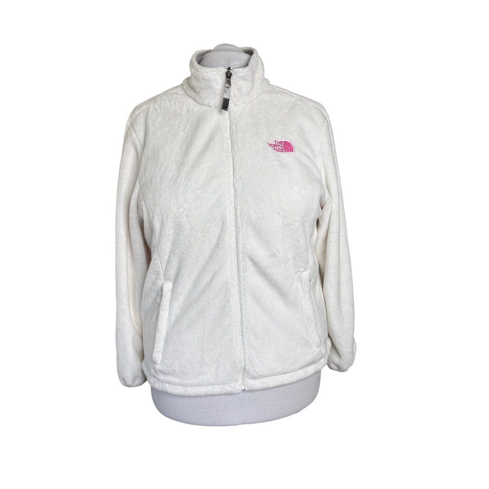 The North Face Osito Pink Ribbon Fleece Jacket LARGE White High Loft Embroidered